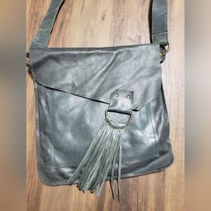 Chic Gray Leather Crossbody Bag with Fringe